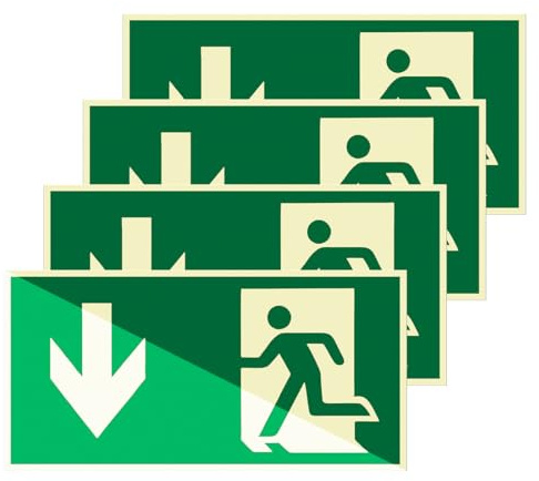 YAYNO 4 Piezas 30 x 15cm Cartel Salida de Emergencia Autoadhesivo Luminiscente, Diseño Autoadhesivo, Señal Ruta de Escape y Rescate Hacia Abajo, para Edificios Públicos y Privados