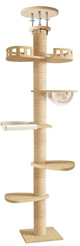 Leadrop Arbre à Chat XXL, Arbre à Chat Maine Coon Haut et Adjustable Jusqu’au Plafond, Arbres à Chats Bois Design Moderne, 6 Niveaux avec Observatoire et Niche, pour Grands Chats Adultes Brun cl