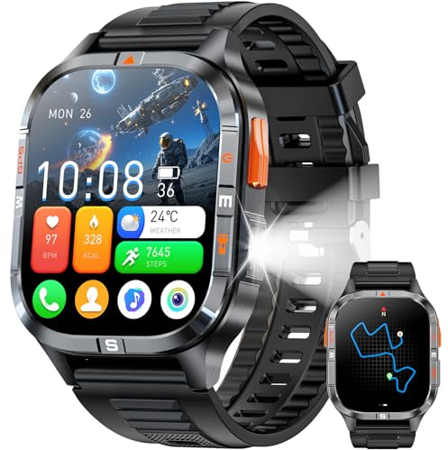 Military GPS Smart Watch for Men with Compass/Flashlight, 2.01 HD Screen smart watch with Voice Assistant/Bluetooth Calling, Smartwatch for Android&iOS, Activity Tracker Multiple Sport Modes (Black)