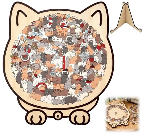 Puzzle de madera con forma de gato, con 135 piezas de madera coloreada con marco en forma de gato, rompecabezas de madera en forma de gato para regalos amantes de los gatos, decoración del hogar