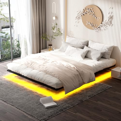 DEWINNER Struttura letto 140 x 190 cm (inclusa rete metallica), letto matrimoniale sospeso con illuminazione a LED, robusta rete metallica, 20 cm di spazio contenitore, nero (materasso non incluso)