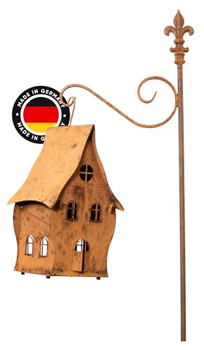RustiCraft® Hexenhaus hängend (15x15x35cm) – wasserfest – Vogelhaus aus Metall im Rostdesign – mit von innen herausdrückbaren Fenstern & Türen – ideal als Futterstelle oder Deko – Handarbeit aus DE