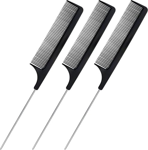 Rat Tail Comb 3 Pack Pin Tail Hair Anti Static Stainless Steel Tail Fine Tooth Carbon Fibre Comb for Sectioning Backcombing Teasing Styling Colouring Hairdressing Men Women Ladies Salon Barber