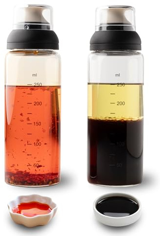 Taylors Eye Witness Set of 2 Glass Oil & Dressing Bottles – 300ml Borosilicate Glass Oil Bottles with Non-Drip Silicone Spouts. Leakproof Storage Dispensers for Cooking, Dressings & Marinades