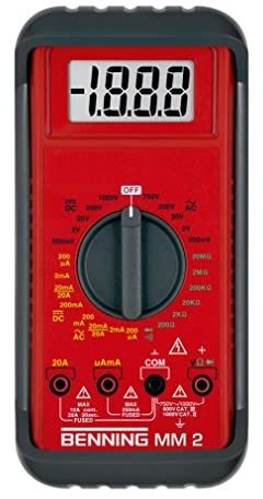 Benning MM 2 Digital-Multimeter (mit digitaler Anzeige, Max. Spannungsmessbereich DC 1000 V, inkl. Gummischutzrahmen, Tasche usw.) 44028, Rot, Schwarz