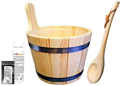 SudoreWell Secchio Sauna Set 5-TLG. Con Resinosi 5,0 L Incl. Inserto + Mestolo Plus Cristalli Al Mentolo + Olii Essenziali per Sauna