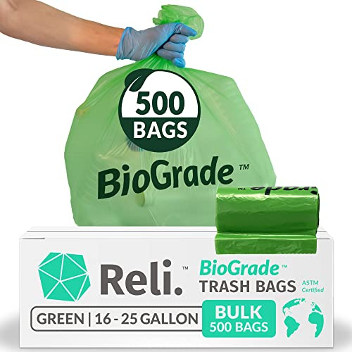 Reli. Biodegradable 16-25 Gallon Trash Bags | 500 Count Bulk | ASTM D6954 | Green | Eco-Friendly | Oxobiodegradable Under Certain Conditions (See Product Description)