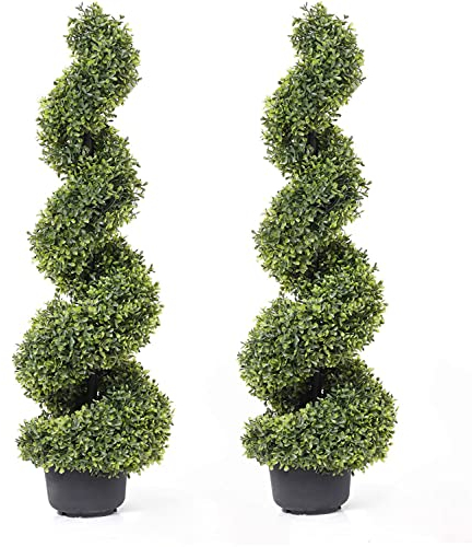 momoplant 90cm Artificial Boxwood Topiary Tree Spiral Plants Fake Faux Plant Decor in Plastic Pot Green Indoor or Outdoor, Set of 2