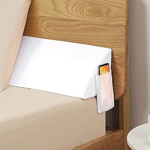 Vekkia Bed Wedge Pillow for Headboard – High-Density Foam Fills Gaps (0-5.5) Between Mattress and Headboard, Wedge Pillow with Pockets for Phone & Remotes, Washable Cover – King Size (White)