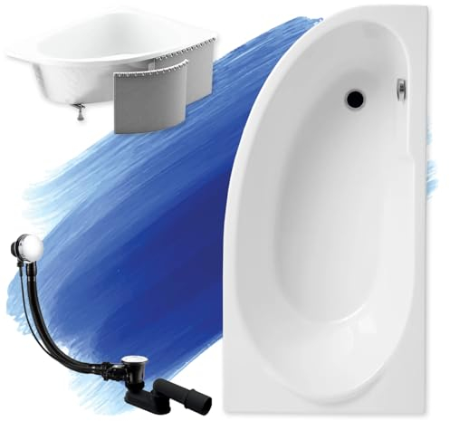 BADLAND Badewanne Original Weiß Acryl Wanne Eckbadewanne MIKI 140x70 Rechts KOMPLETTSET SET mit Premium Styroporverkleidung + Füßen und Exklusive Chrom Automatik Ablaufgarnitur Made in EU 4in1