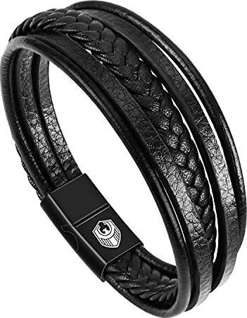 Bracelet Homme Cuir Bracelets pour Homme avec Magnetique Boucle en Acier Inoxydable et Boîte à Bijoux Bracelet Exclusive pour l'idée de Cadeaux pour Hommes (noir, 20.5)