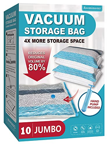 Roomimaster Vacuum Storage Bags, Vacuum Seal Space Saver Bags for Clothing, Travel Lugggage, Carry-on, Blankets, Pillow, Comforters, Bedding, 10 Jumbo