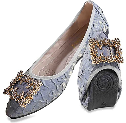 MACHSWON Women Ballet Flats Rhinestone Outdoor Wedding Ballerina Shoes Foldable Sparkly Comfort Slip on Flat Walking Shoes for Ladies(Blue Buckle, Size 6)