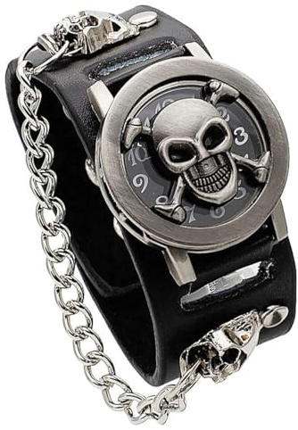 Reloj de pulsera para hombre y mujer, diseño de calavera punk, reloj con tapa abatible, adorno de calavera + elementos de cadena, moda para los amantes del cosplay, Negro -, Punk