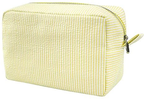 GFU Cosmetic Bags for Women, Seersucker Cosmetic Bag, Travel Toiletry Stripe Makeup Bag, Large Women Aesthetic Organizer Storage Pouch, Girls Handbags Purses, Yellow