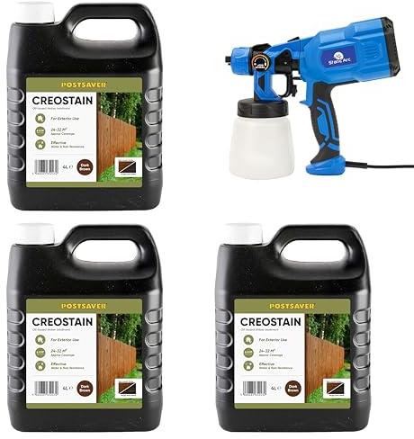 Postsaver Creostain Creocote Oil-Based Wood Treatment | Creosote Substitute | Wood Stain and Preserver | Ideal for Fence Treatment | Low VOC | 12 Litre + Sprayer (Dark Brown)