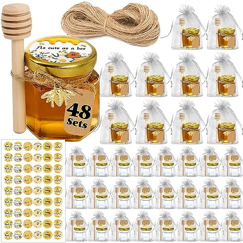 Aliggbent 48 Pack Mini Honey Jars Party Favors in Bulk, 1.5 oz Small Hexagon Glass Honey Jars with Dippers, Lids, Cute Stickers, Bee Charms, Gift Bags and Jute for Baby Showers, Weddings & Birthdays