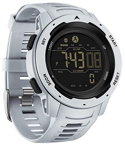Montre numérique militaire pour homme - Compteur de calories - Podomètre - Chronomètre - Alarme - Multifonction - Rétroéclairage LED - Étanche jusqu'à 5 ATM, gris, Rond