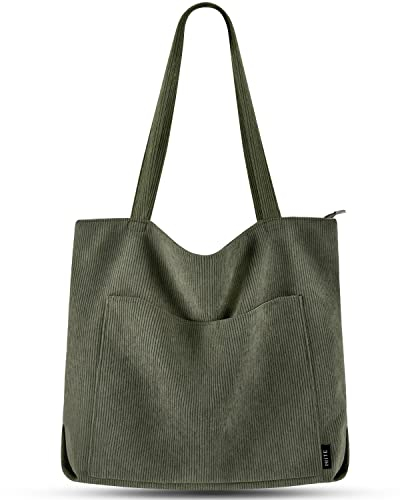 Prite Tote Bag Sac en Velours Côtelé Bandouliere Cabas Femme Homme Sac Fourre Tout avec Fermeture Éclair et Poches (Vert foncé)