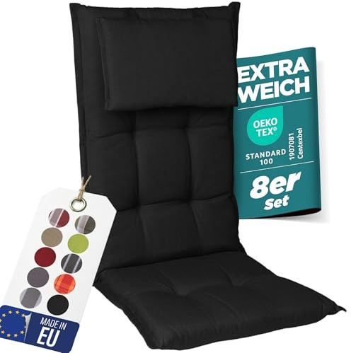 gardisun Gartenstuhlauflagen Hochlehner mit Kopfteil, 8er Set, Schwarz | Extra Dicke Sitzauflagen, Made in EU, Polsterauflagen für Hochlehner, Auflagen mit extra hoher Lichtechtheit