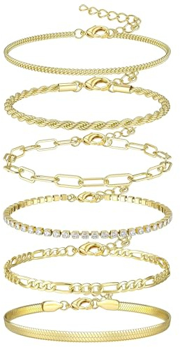 KALVICA 6 Pezzi Set Bracciale Donna Acciaio Inossidabile Bracciale Tennis Donna Placcato Oro 14K Bracciale Regolabile Impilabile Bracciali per Donne Ragazze