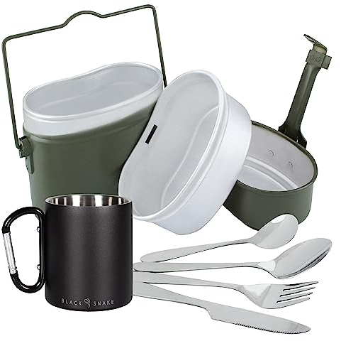 Black Snake® Aluminium Kochgeschirr mit 'Lunch' Camping Besteck und Edelstahl Karabiner Haken Thermo Tasse - 1 Person - Set