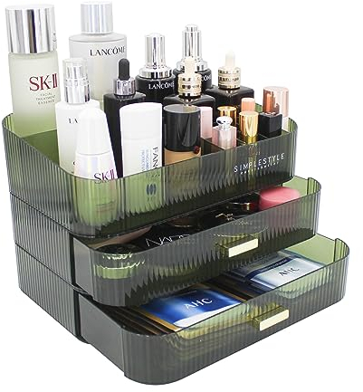 Makeup Organizer mit 2 Schubladen, Kosmetik-Organizer für Schlafzimmer und Bad Eitelkeit Arbeitsplatten, große Kapazität Kosmetik Aufbewahrungsbox für Hautpflege Creme Parfüm-grün