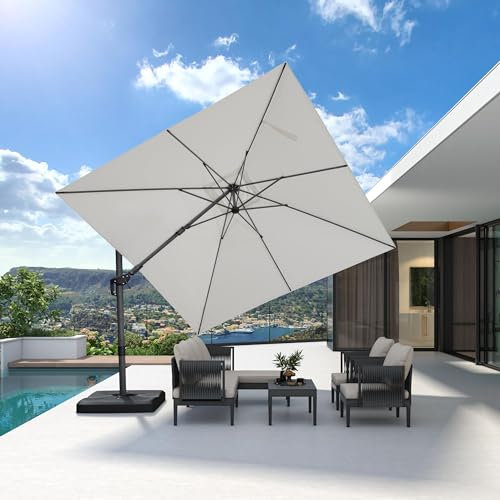 PURPLE LEAF 3 X 3 M Garden Cantilever Swivel Parasol, Large Square Patio Umbrella with Crank Handle and Tilt for Balcony and Outdoor, White