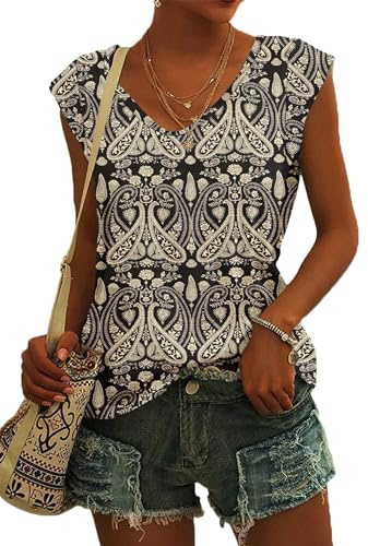 NARRAME Sommer T Shirt für Damen V Ausschnitt Tanktops Loose Fit Sommerblusen Kurzarm Luftig Paisley Boho Blumenmuster Schwarz Mittel M 38-40