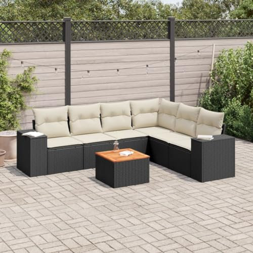ULUYYUC 7-TLG. Garten-Sofagarnitur, Küchensofa Eckbank Gartenstühle Polsterbank Geeignet für Außenbereich Hinterhof Garten Balkon mit Kissen Schwarz Poly Rattan