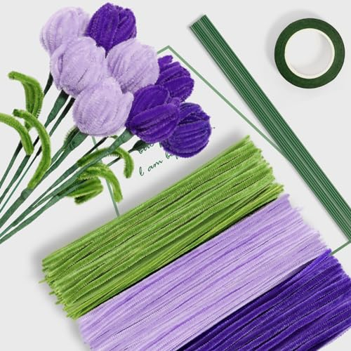 PONSEY Tulpe Blumen Pfeifenreiniger,300Stück Pfeifenputzer zum Basteln Chenilledrah Pfeifenreiniger Pipe Cleaner mit Band und Blumenstäbe für DIY Tulpe Blumenstrauß Handwerksprojekte