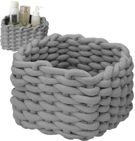 Cestini Portaoggetti Intrecciato Corda di Cotone, Cesto Bagno, Decorazione Cestini Stoccaggio per Cameretta Salotto Ufficio (Grigio)