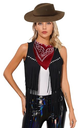 Fldy Damen Westen Cowgirl Kostüm Cowboy Hut Bandana Fransenweste Set Rodeo Ranger 60er Jahre 70er Jahre Hippie Kostüm Halloween Fasching Kostüm Schwarz S