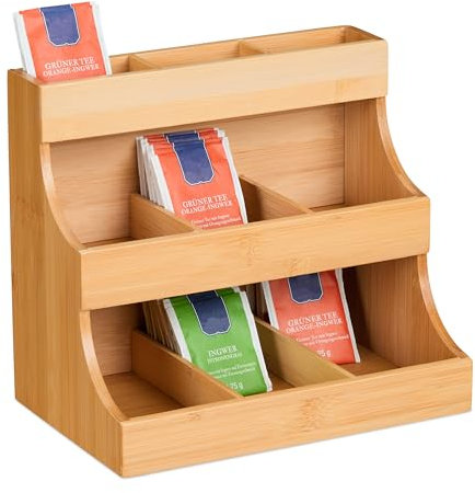 Relaxdays Scatola Organizer 9 Scomparti Porta Bustine da Tè e Tisane, HLP 24 x 26 x 17,5 cm, Cassetta in Bambù, Naturale