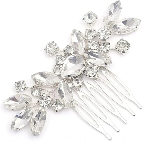 TEOZBLU 1 pcs Peigne à Cheveux de Mariée, Peigne à Cheveux pour Femme avec Strass et Perles, Motif Feuilles Argentées, Élégant Bijoux de Tête Cheveux Mariée Peigne Accessoire de Mariage