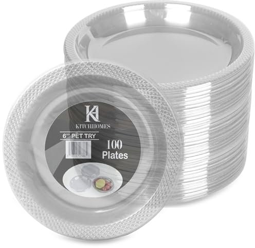 KITCHHOMES 6 Inch Clear Plastic plates - Flexible 100 Pack clear plastic plates for Dessert, Appetizers, BBQ, Party, Travel, and Events - Microwave Safe, Recyclable & Disposable Plates