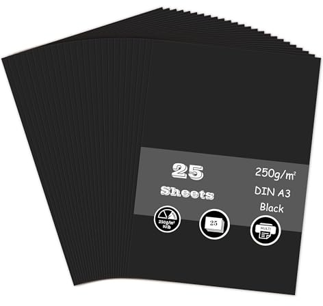 Lot de 25 feuilles de papier cartonné noir, feuille cartonnée A3 250 g/m² épais carton bricolage pour la fabrication de cartes, le scrapbooking, l'impression au bureau et les loisirs créatifs