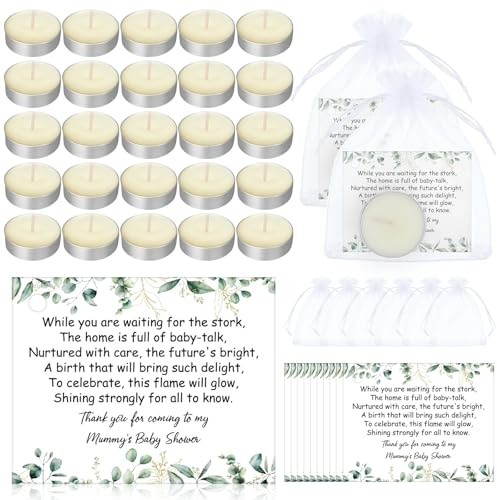 Sinmoe 50 Sets Baby Shower Favours for Guests | Tea Light Candles with Organza Bags & Thank You Cards | Christening Party Return Gifts | White