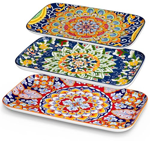 vancasso SIMI Set di 3 Piatti da Portata Rettangolari - Piatti Colorati Porcellana in 3 Dimensioni Portata per Insalata, Antipasti, Cibo, Dessert, Sushi, Stile Boho
