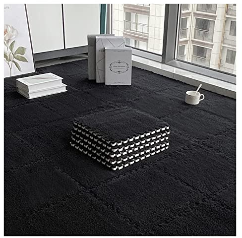 Générique 10 Pièces en Peluche Dalles De Moquette Emboîtables, Dalles De Moquette en Mousse à Poils Longs, Dalles De Moquette Emboîtables en Mousse pour Sol, 30 X 30 Cm(Color:Noir)