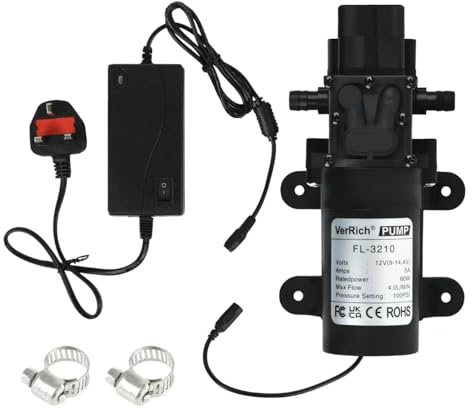 VerRich DC 12V Water Pump with Power Supply Adaptor 100PSI High Pressure Diaphragm Pump with Pressure Switch 4LPM 1GPM with 2 Adjustable Hose Clamp for Water taps,Motorhome,RV