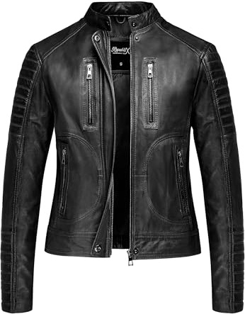 REPUBLIX Damen Echtleder Jacke Biker Zipper Lederjacke RJ-8009 Schwarz XXL