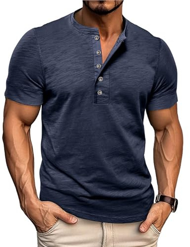 Volemo Mens Henley Shirt Short Sleeve Casual T-Shirt Crew Neck Buttons Basic Regular Fit Tops S-3XL (S_Navy,Size XL)