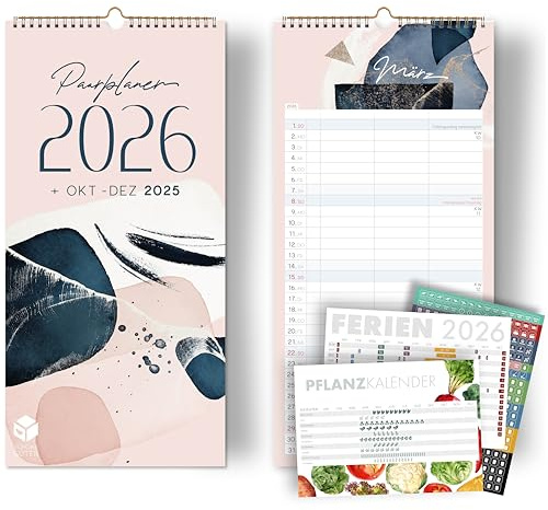 Paarkalender 2026 PASTELL 3 Spalten Planer für Zwei 2026 Wandkalender Paare 16x32,5cm Partnerkalender 2026 plus STICKER Recycling Urlaub, plus Okt-Dez 2025, plus Gemüsekalender Wasserfarben Rosa Blau