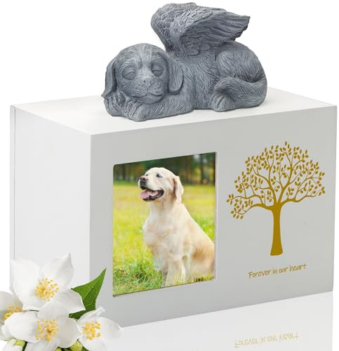DiDiBirDi Urna para cenizas de perros, caja de madera blanca, urna para cenizas, cenizas de mascotas, caja con ángel para perros y bolsa de cenizas