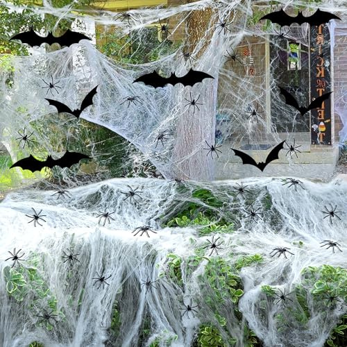 2200 Sqft 600g Halloween Spider Web Decoration - Stretchable Halloween Cobwebs - DIY Spooky Spider Cotton Webbing with 100 Fake Spiders, 24 Bats for Indoor Outdoor Yard Garden Haunted House Decor