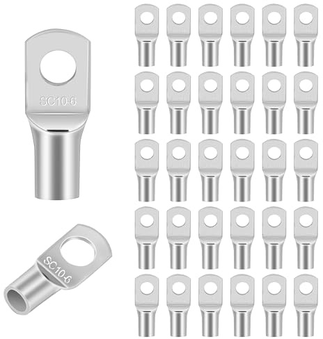 30PCS Copper Alloy Ring-Type Connectors - Silver Crimp Terminals for Battery Wiring, Automotive & Industrial Cable Connections (SC10-6 Size)