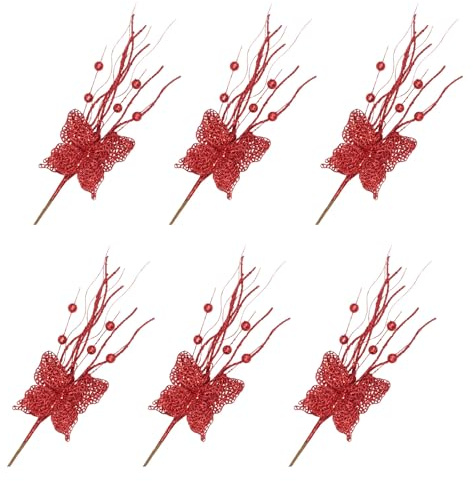 MALSSE 6 ramo di bacche di agrifoglio artificiali da 45,7 cm, per feste di Natale, centrotavola, decorazioni natalizie, bacche di agrifoglio, steli e fiocco dorato