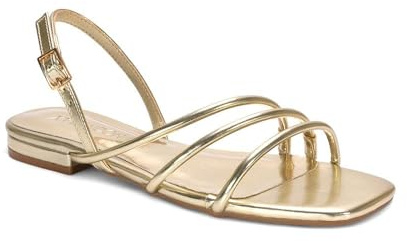 ESSEX GLAM Women's Strappy Sandals Ladies Flat Slingback Buckle Square Toe Gold Metallic Synthetic Leather Shoes Size 4