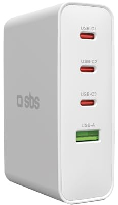 SBS Travel Adapter USB-C 100W, Chargeur de Voyage avec Fiches US/UK/EU/AU